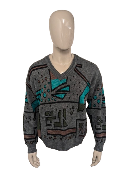 Vintage Warme trui met V-Hals. Grijs Groen Bruin gekleurd. Maat XL.