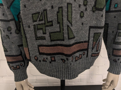 Vintage Warme trui met V-Hals. Grijs Groen Bruin gekleurd. Maat XL.