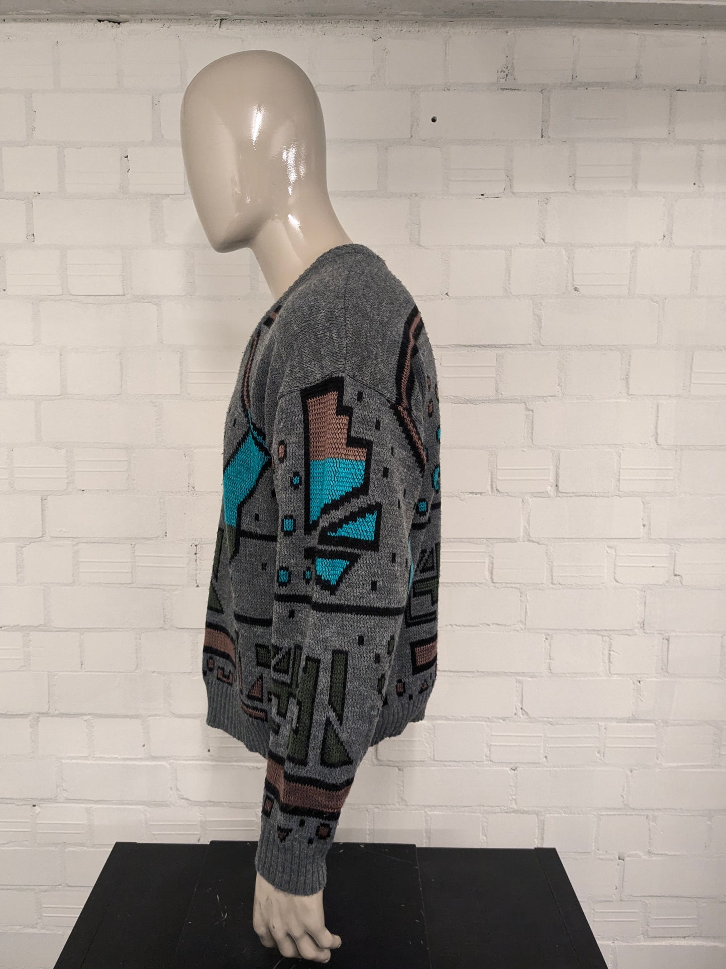 Vintage Warme trui met V-Hals. Grijs Groen Bruin gekleurd. Maat XL.