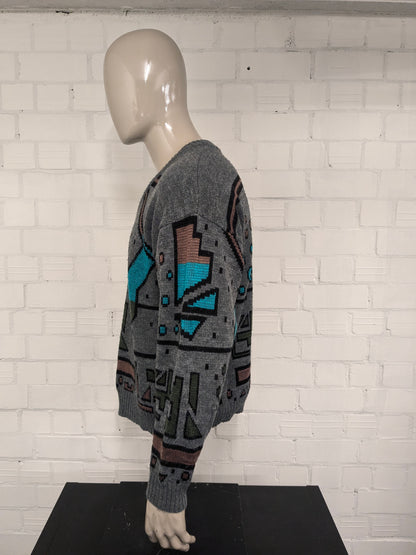 Vintage Warme trui met V-Hals. Grijs Groen Bruin gekleurd. Maat XL.