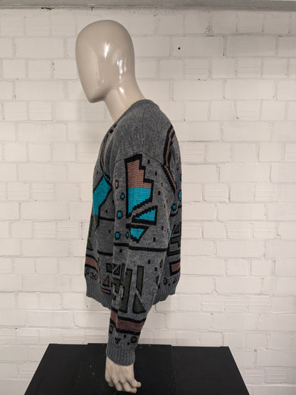 Vintage Warme trui met V-Hals. Grijs Groen Bruin gekleurd. Maat XL.