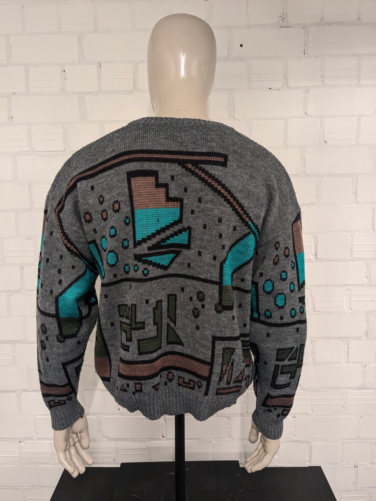 Vintage Warme trui met V-Hals. Grijs Groen Bruin gekleurd. Maat XL.