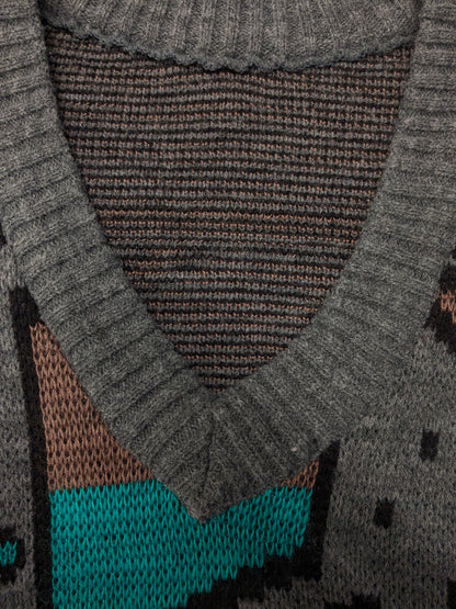 Vintage Warme trui met V-Hals. Grijs Groen Bruin gekleurd. Maat XL.