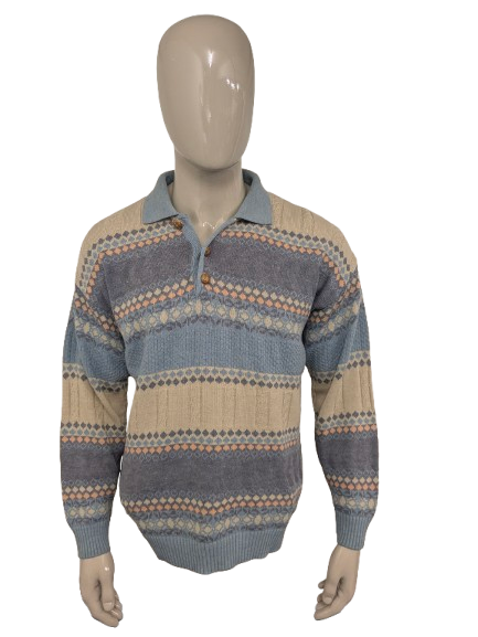 Vintage Armand Thiery polo trui. Beige Lila Blauw Oranje gekleurd. Maat L.
