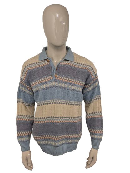 Vintage Armand Thiery polo trui. Beige Lila Blauw Oranje gekleurd. Maat L.