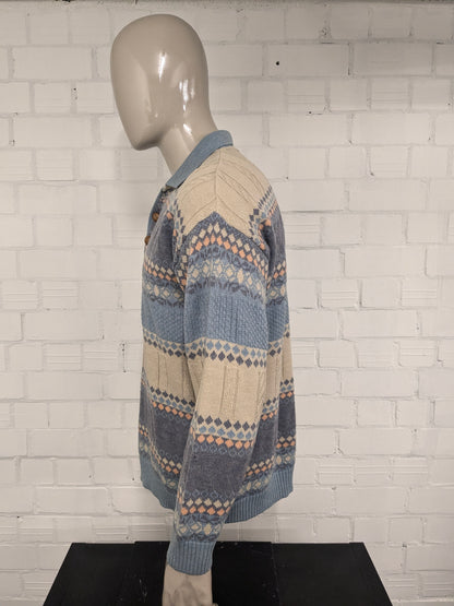 Vintage Armand Thiery polo trui. Beige Lila Blauw Oranje gekleurd. Maat L.
