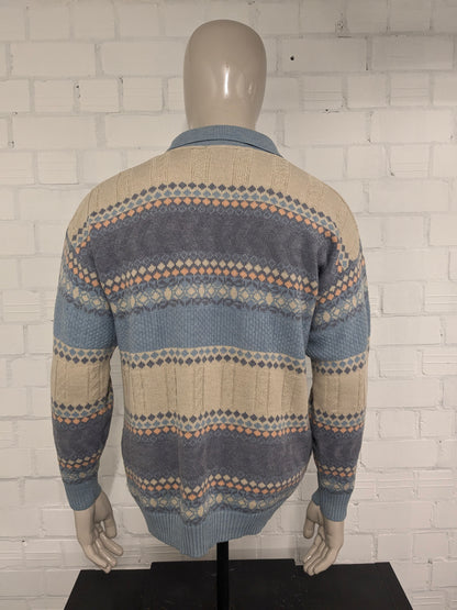 Vintage Armand Thiery polo trui. Beige Lila Blauw Oranje gekleurd. Maat L.