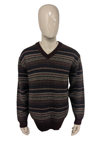 Vintage Classics by Rapp Wollen trui met V-Hals. Bordeaux Blauw Groen gekleurd. Maat L. 30% Wol.
