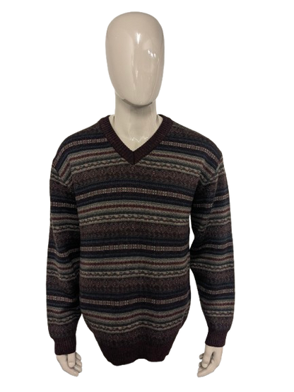 Vintage Classics by Rapp Wollen trui met V-Hals. Bordeaux Blauw Groen gekleurd. Maat L. 30% Wol.