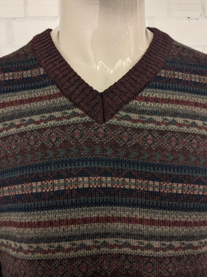 Vintage Classics by Rapp Wollen trui met V-Hals. Bordeaux Blauw Groen gekleurd. Maat L. 30% Wol.