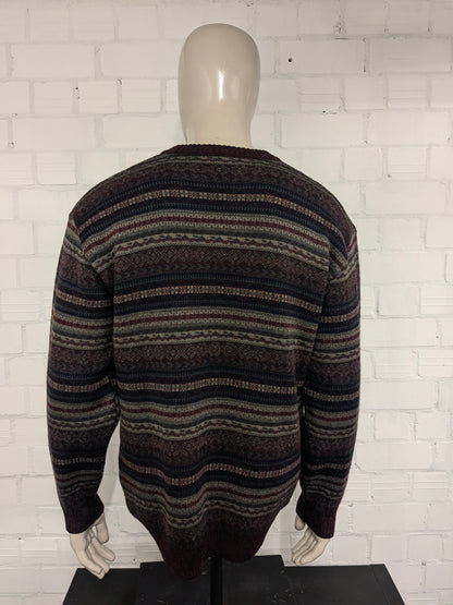Vintage Classics by Rapp Wollen trui met V-Hals. Bordeaux Blauw Groen gekleurd. Maat L. 30% Wol.