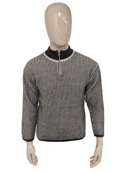 Pull en laine d'araignée vintage avec fermeture éclair. Gris blanc rayé. Taille M. 50% de laine.