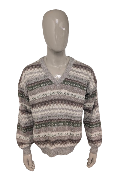 Vintage Le Laureat Wollen trui met V-Hals. Beige Groen Bruin gekleurd. Maat L. 50% Wol.