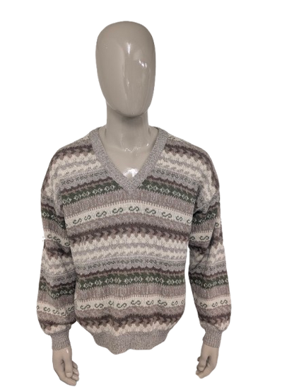 Vintage Le Laureat Wollen trui met V-Hals. Beige Groen Bruin gekleurd. Maat L. 50% Wol.