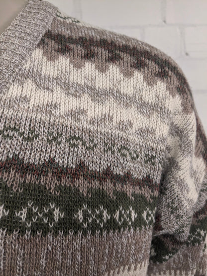 Vintage Le Laureat Wollen trui met V-Hals. Beige Groen Bruin gekleurd. Maat L. 50% Wol.