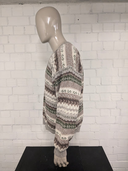 Vintage Le Laureat Wollen trui met V-Hals. Beige Groen Bruin gekleurd. Maat L. 50% Wol.