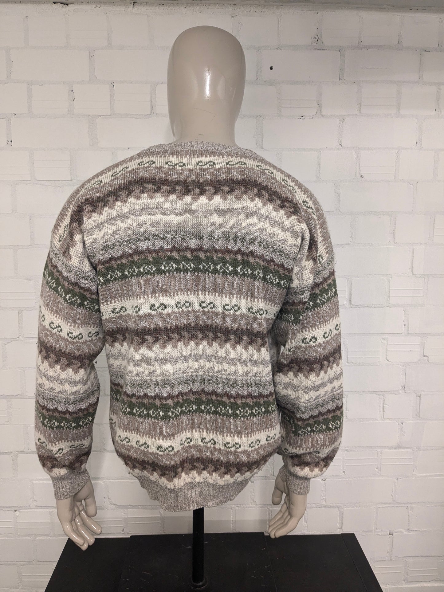 Vintage Le Laureat Wollen trui met V-Hals. Beige Groen Bruin gekleurd. Maat L. 50% Wol.