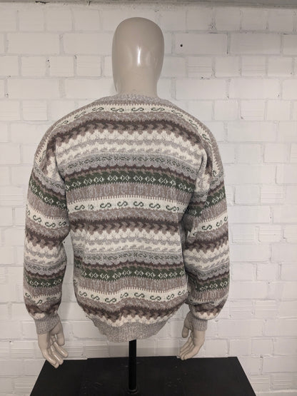 Vintage Le Laureat Wollen trui met V-Hals. Beige Groen Bruin gekleurd. Maat L. 50% Wol.
