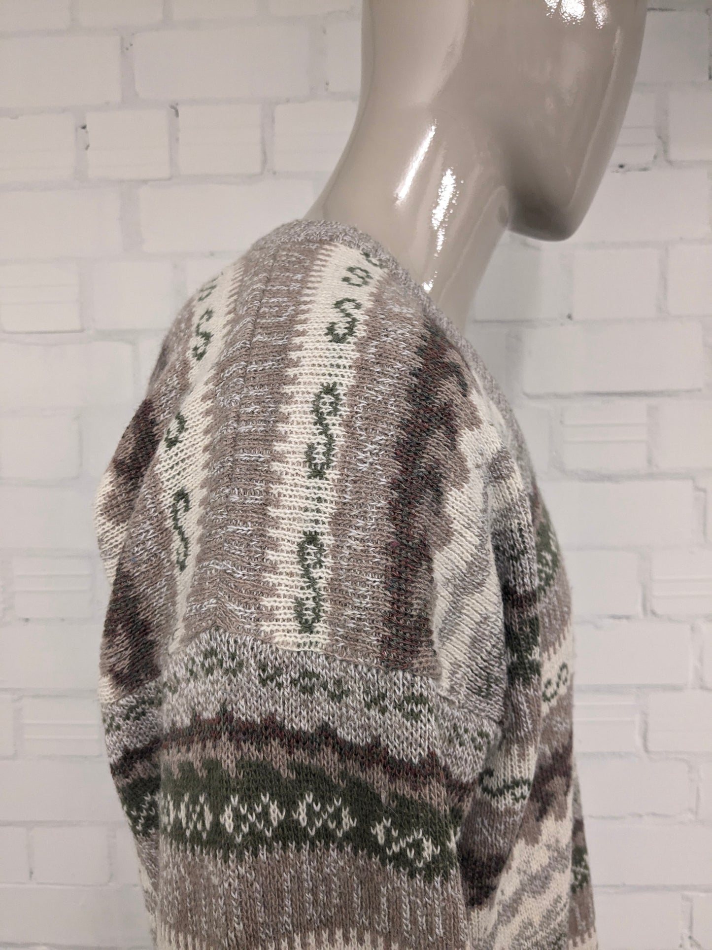 Vintage Le Laureat Wollen trui met V-Hals. Beige Groen Bruin gekleurd. Maat L. 50% Wol.