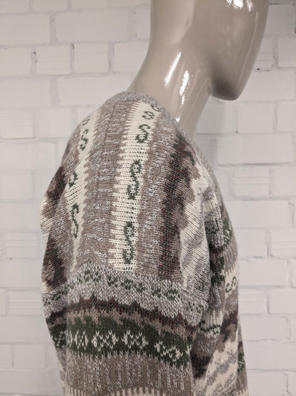 Vintage Le Laureat Wollen trui met V-Hals. Beige Groen Bruin gekleurd. Maat L. 50% Wol.