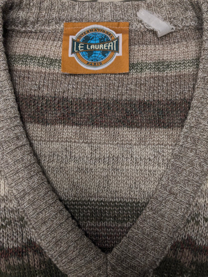 Vintage Le Laureat Wollen trui met V-Hals. Beige Groen Bruin gekleurd. Maat L. 50% Wol.
