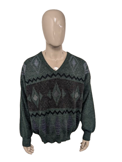 Magitore di lana Henry Morell vintage con scollo a V. Colore marrone blu grigio verde. Dimensione 3xl / xxxl. 30% lana.