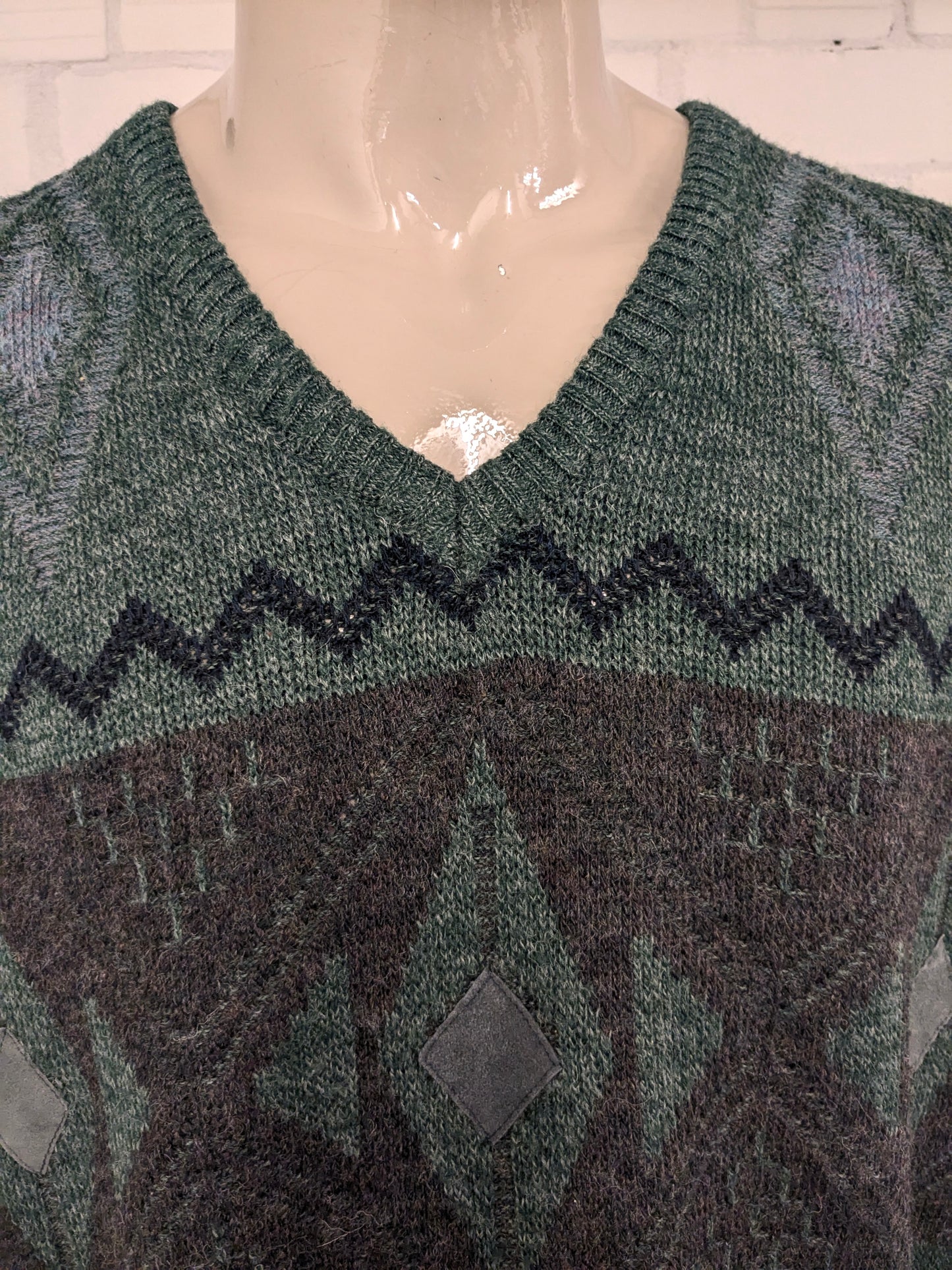 Magitore di lana Henry Morell vintage con scollo a V. Colore marrone blu grigio verde. Dimensione 3xl / xxxl. 30% lana.