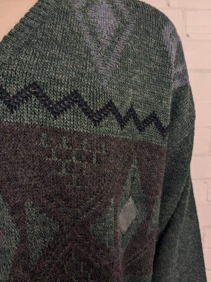 Magitore di lana Henry Morell vintage con scollo a V. Colore marrone blu grigio verde. Dimensione 3xl / xxxl. 30% lana.