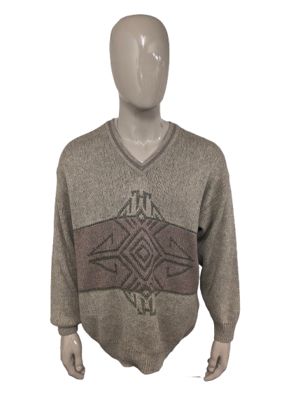Vintage Berto Martino Wollpullover mit V-Ausschnitt – grün/beige/lila – Größe 2XL