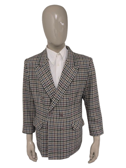 C&A C&A de lana de doble pecho Colbert. Beige Red Blue Motif. Tamaño 26 (52/L).