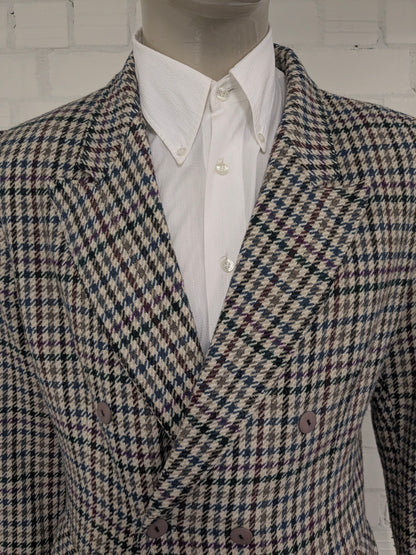 C&A C&A de lana de doble pecho Colbert. Beige Red Blue Motif. Tamaño 26 (52/L).