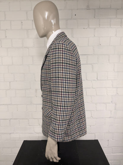 C&A C&A de lana de doble pecho Colbert. Beige Red Blue Motif. Tamaño 26 (52/L).