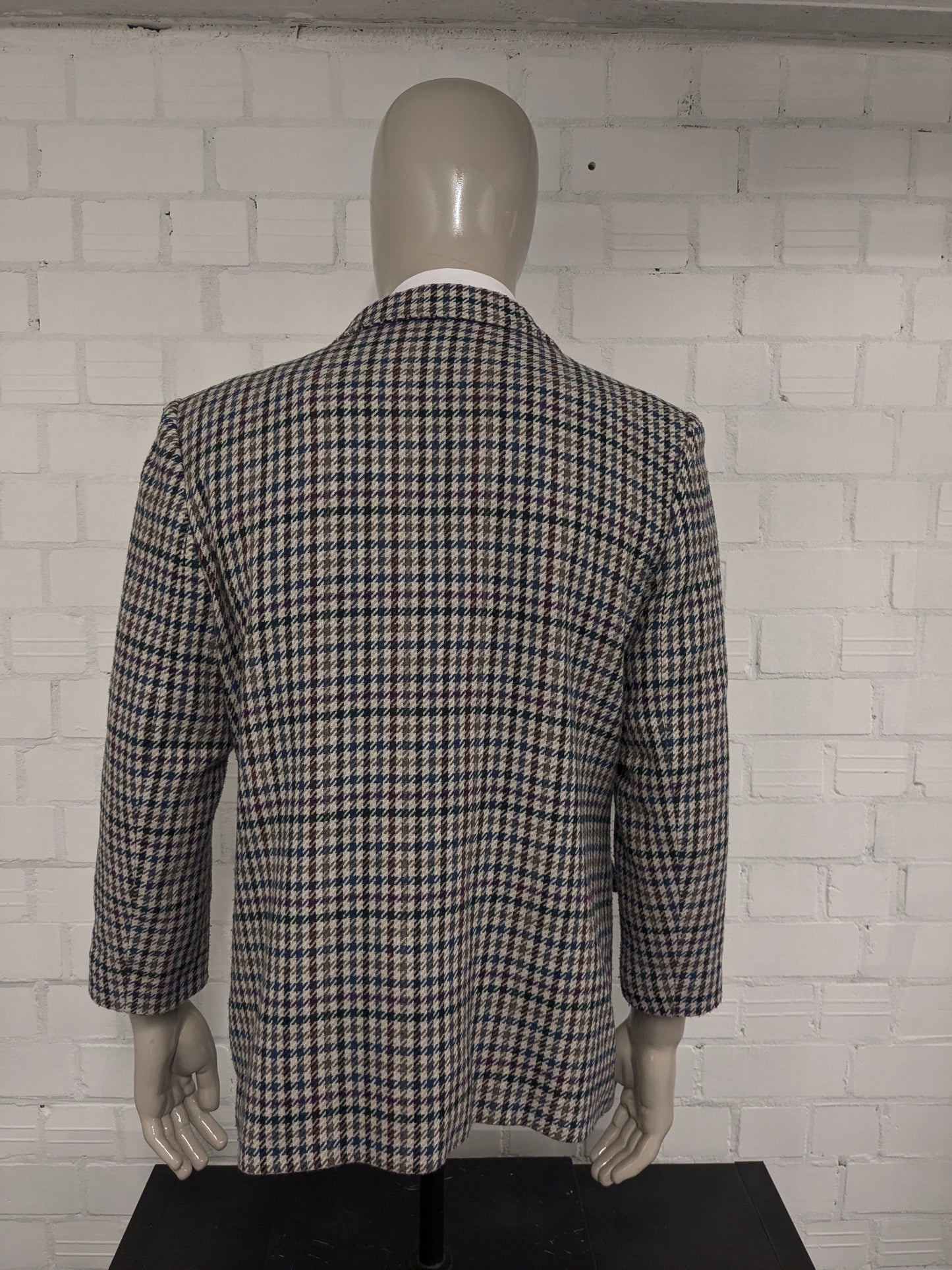 C&A C&A de lana de doble pecho Colbert. Beige Red Blue Motif. Tamaño 26 (52/L).