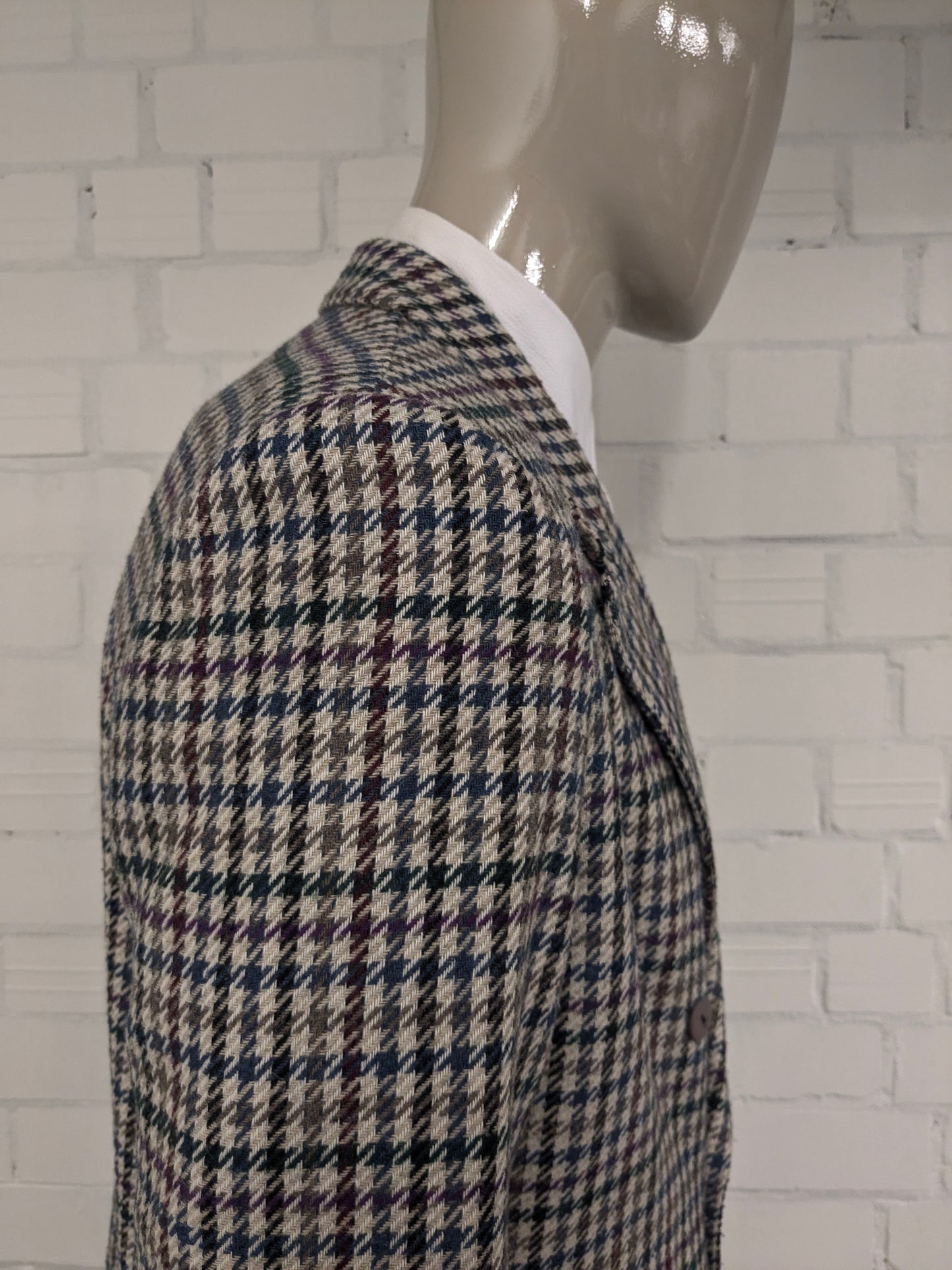 C&A C&A de lana de doble pecho Colbert. Beige Red Blue Motif. Tamaño 26 (52/L).