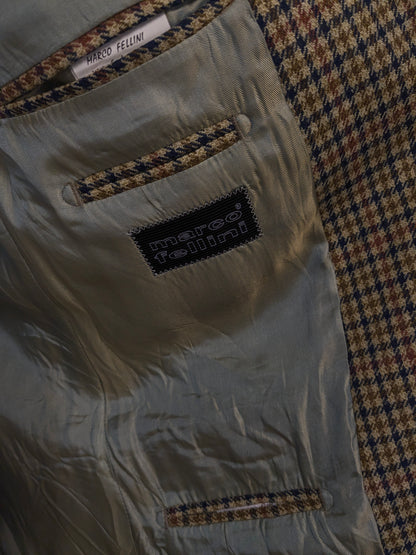 Vintage Marco Fellini woolen jacket. Green blue red motif. Size 54.