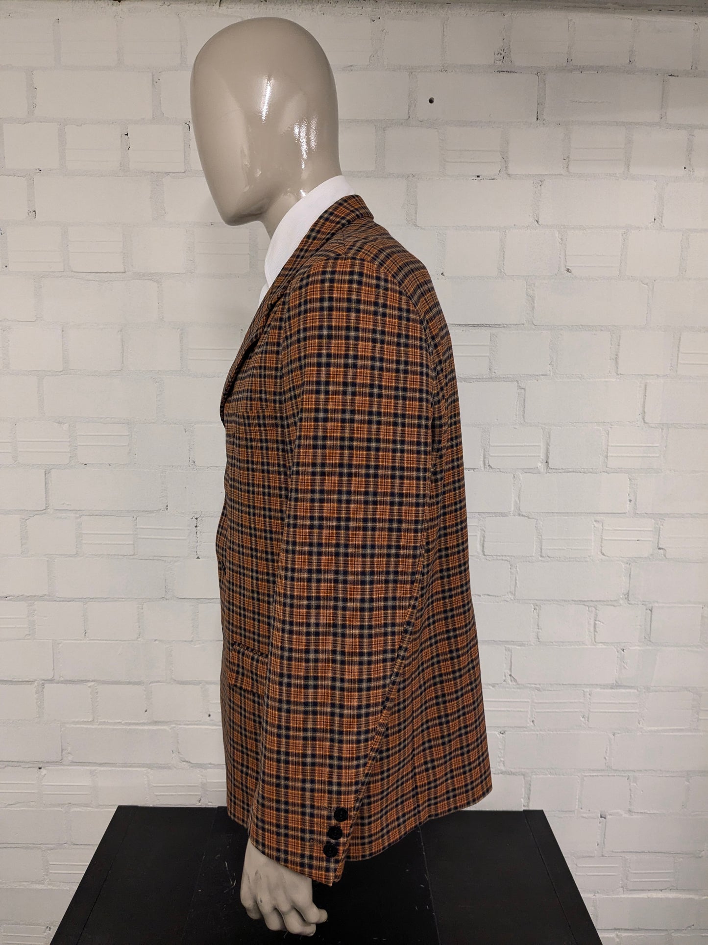 Veste en laine vintage Mister Factice. Orange jaune noir vérifié. Taille 56 / XL.