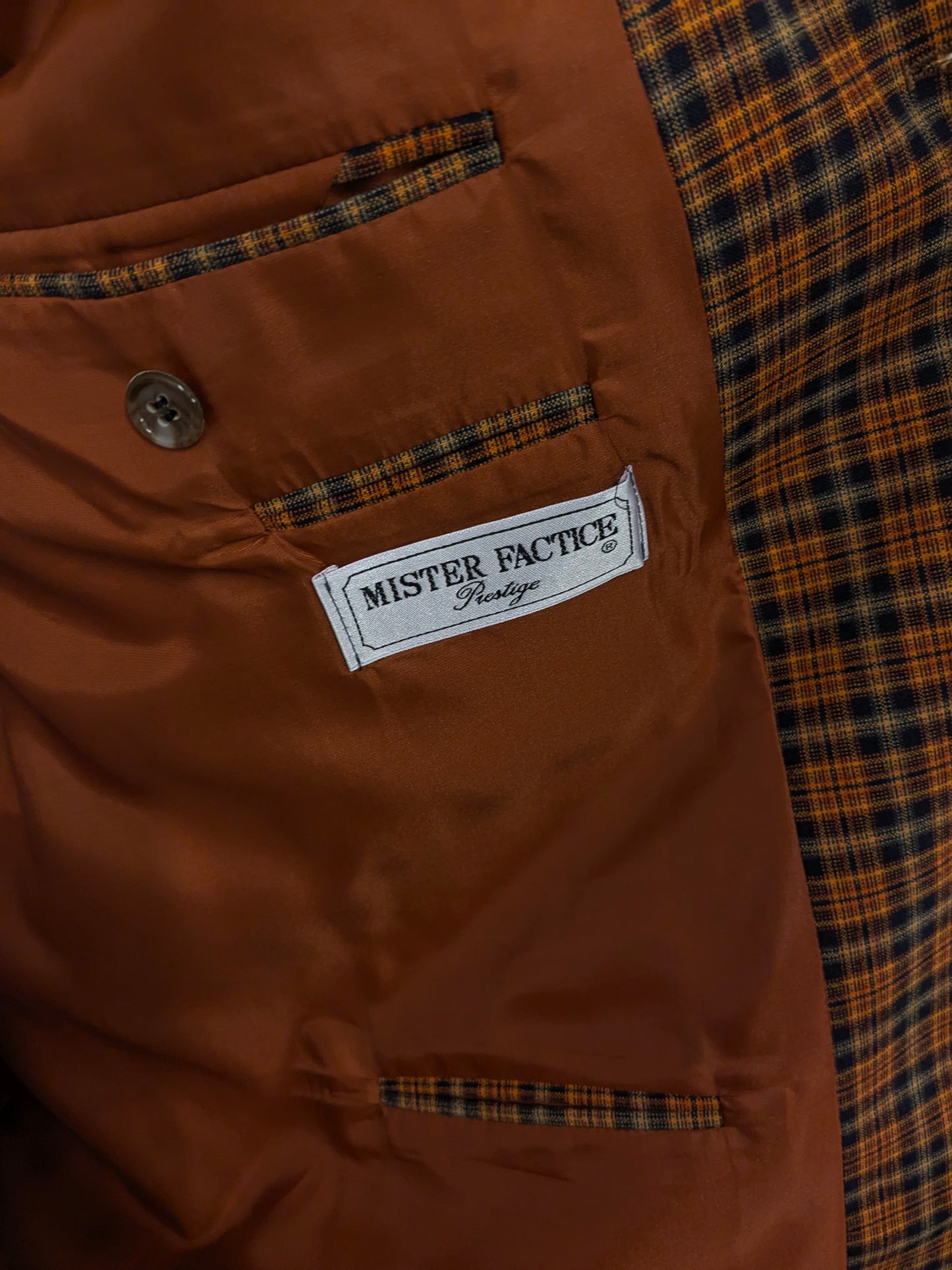Veste en laine vintage Mister Factice. Orange jaune noir vérifié. Taille 56 / XL.
