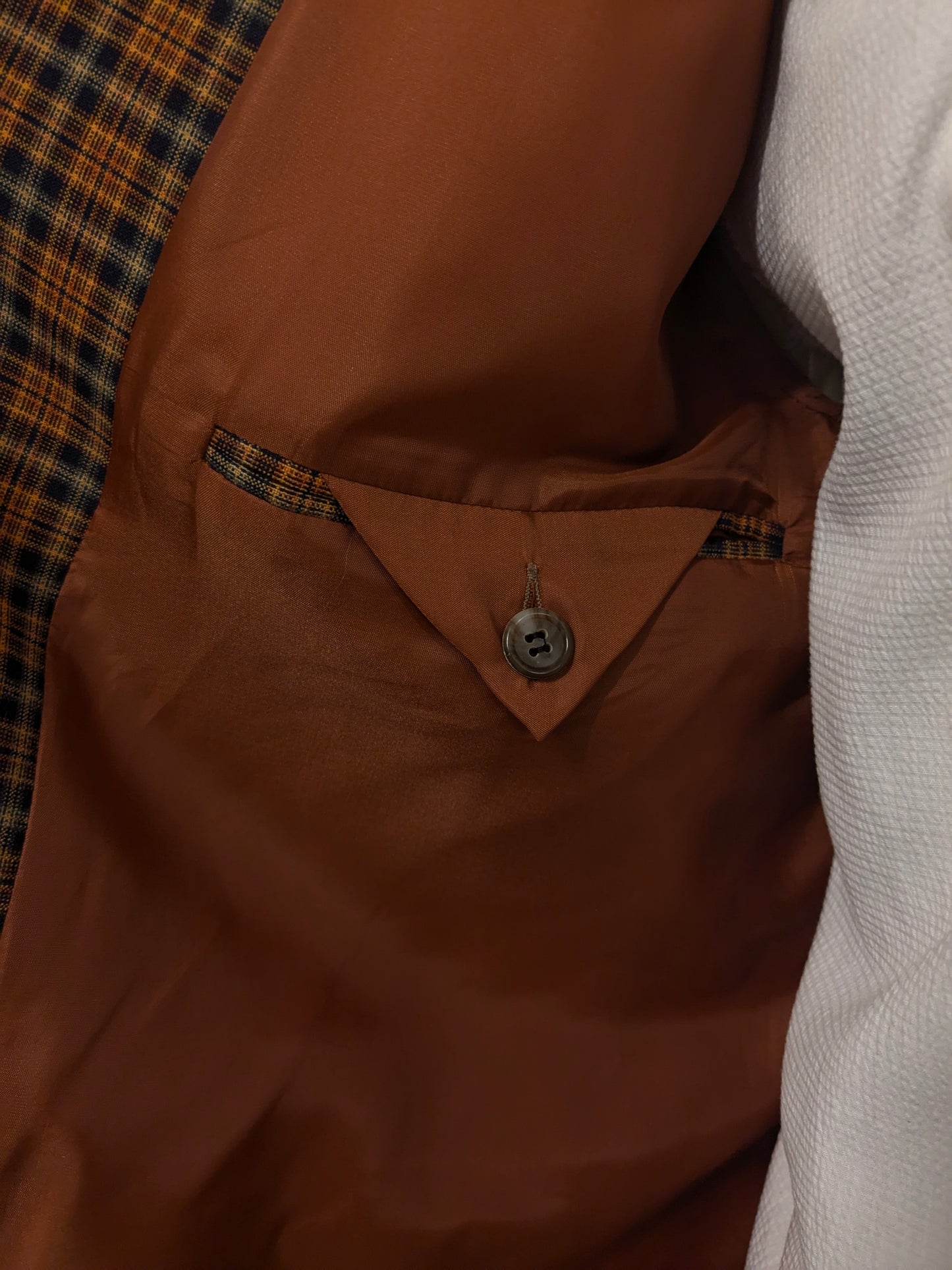 Veste en laine vintage Mister Factice. Orange jaune noir vérifié. Taille 56 / XL.