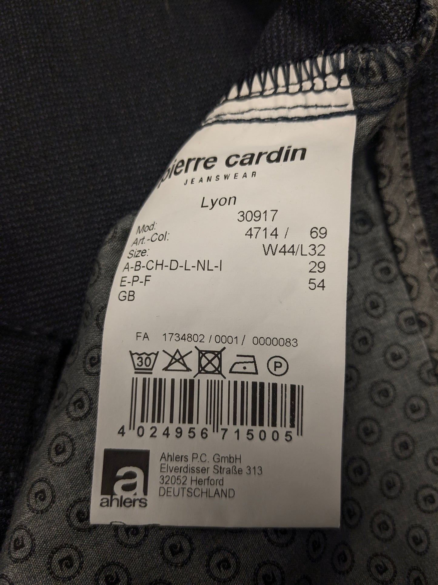 Pierre Cardin Broek. Grigio scuro miscelato. Taglia W44 - L32. Tinto Filo. Fit Lyon Type.