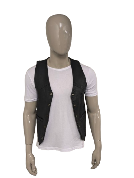 SIBA Chaleco de cuero de doble lado con aplicaciones veteranas. Color negro. Tamaño M.