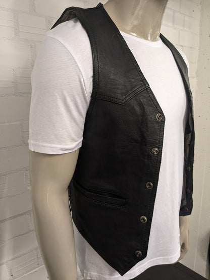 SIBA Chaleco de cuero de doble lado con aplicaciones veteranas. Color negro. Tamaño M.