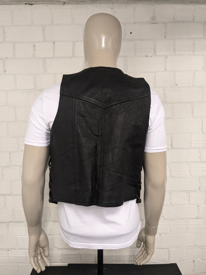 SIBA Chaleco de cuero de doble lado con aplicaciones veteranas. Color negro. Tamaño M.