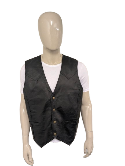 Vintage Man's World dubbelzijdig leren gilet met drukknopen. Zwart gekleurd. 2 binnenzakken. Maat XL.