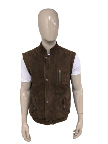 Vintage McNeal dubbelzijdig suède bodywarmer met dubbele sluiting. Bruin gekleurd. 2 binnenzakken. Maat L.