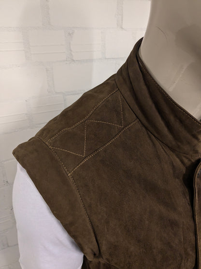 Vintage McNeal dubbelzijdig suède bodywarmer met dubbele sluiting. Bruin gekleurd. 2 binnenzakken. Maat L.