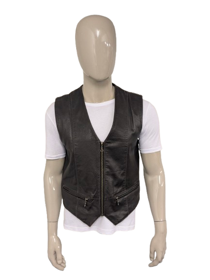 Chaleco vintage de cuero Berto Lucci con cremallera con cremallera. Color marrón oscuro. Tamaño L.