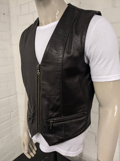Chaleco vintage de cuero Berto Lucci con cremallera con cremallera. Color marrón oscuro. Tamaño L.