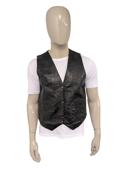 Vintage leren dubbelzijdig gilet met drukknopen. Zwart voelbaar bladmotief. Maat M.