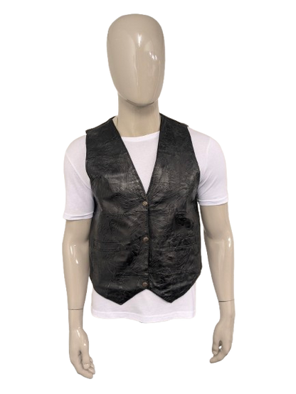 Vintage leren dubbelzijdig gilet met drukknopen. Zwart voelbaar bladmotief. Maat M.