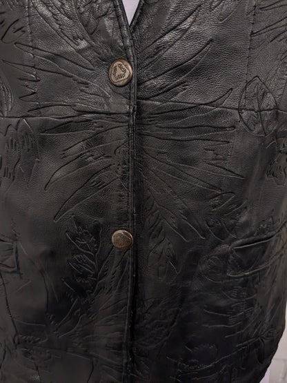 Vintage leren dubbelzijdig gilet met drukknopen. Zwart voelbaar bladmotief. Maat M.